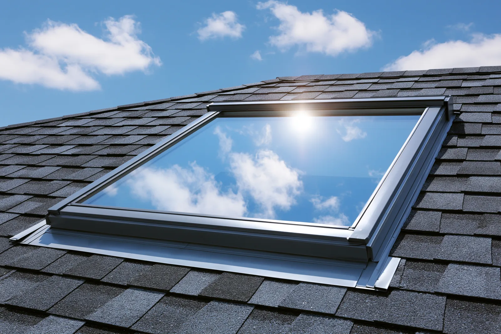 Dark shingle roof with a skylight reflecting clouds